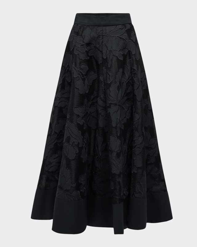 Floral Embroidered Midi Full Skirt
